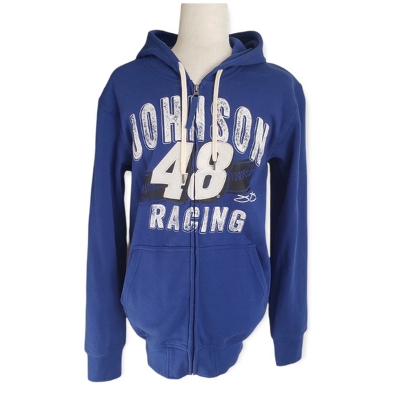 NOS Vintage NASCAR Full Zip Hoodie Blue Sweatshirt Jimmie Johnson Logo Pockets - Picture 2 of 5